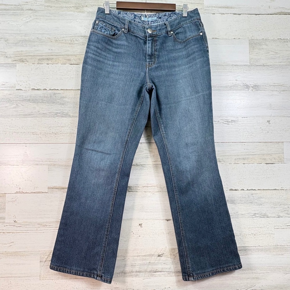 Chicos Platinum Size 1.5 US 10 Medium Wash Embroidered‎ Straight Leg Jeans Blue